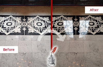 Sir Grout Seals the Stone of this Pooler Marble Floor to Recover Its Sheen Before and After Picture of a Pooler Marble Stone Sealed to Recover Its Sheen