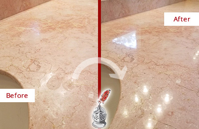 Sir Grout Seals this Pooler Marble Stone Vanity Top to to Avoid Water Marks Before and After Picture of a Pooler Marble Stone Vanity Top Sealed to Avoid Water Marks