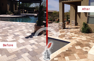 Sir Grout Seals the Stone of this Pooler Travertine Patio Stone for Extra Protection Before and After Picture of a Pooler Travertine Patio Sealed Stone for Extra Protection