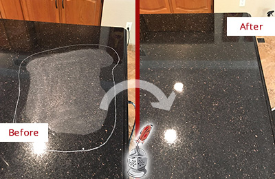 Sir Grout Hones this Garden City Granite Kitchen Countertop to Eliminate Scratch Before and After Picture of a Garden City Granite Kitchen Countertop Honed to Eliminate Scratch
