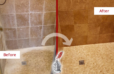 Before and After Picture of a Thunderbolt Travertine Shower Honed to Remove Mineral Deposits