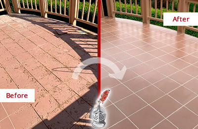 Before and After Picture of a Ridgeland Hard Surface Restoration Service on a Tiled Deck