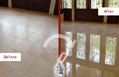 Before and After Picture of a Savannah Hard Surface Restoration Service on a Dull Travertine Floor Polished to Recover Its Splendor
