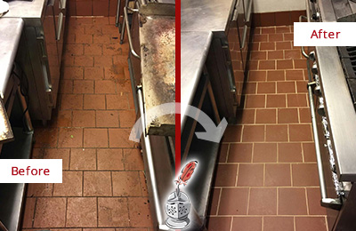 Before and After Picture of a Port Wentworth Hard Surface Restoration Service on a Restaurant Kitchen Floor to Eliminate Soil and Grease Build-Up