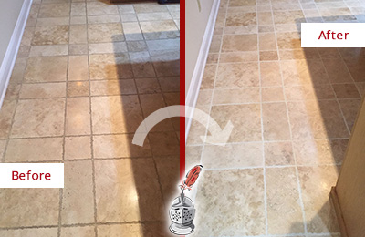 Sir Grout Cleans this Hardeeville Kitchen Floor's Grout to Recover Its Color Before and After Picture of Hardeeville Kitchen Floor Grout Cleaned to Recover Its Color