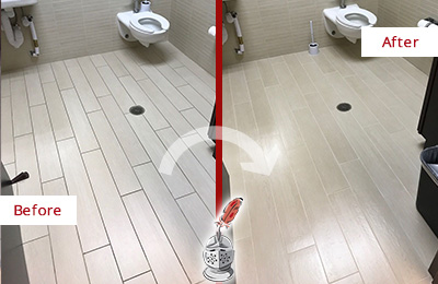 Before and After Picture of a McClellanville Office Restroom's Grout Cleaned to Remove Dirt