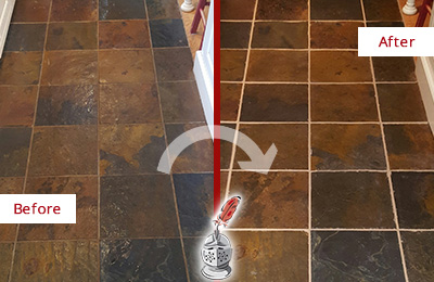 Sir Grout Cleans the Grout on this Hardeeville Slate Floor Before and After Picture of Hardeeville Slate Floor Grout Cleaned to Remove Dirt