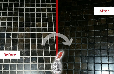 Sir Grout Recolored the Grout of this Vernonburg Black Tile Floor Before and After Picture of a Vernonburg Black Floor with Recolored Grout