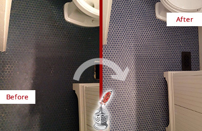 Sir Grout Recolors the Grout on this Vernonburg Blue Tile Floor Before and After Picture of a Vernonburg Blue Tile Floor Recolored Grout