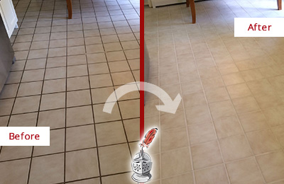 Sir Grout Recolors this Vernonburg Kitchen Tile Floor's Grout Before and After Picture of a Vernonburg Kitchen Tile Floor with Recolored Grout