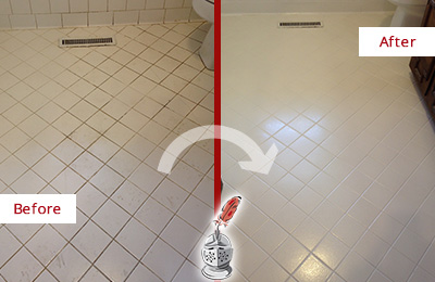 Sir Grout Seals the Grout of this Port Royal White Bathroom Floor for Extra Protection Before and After Picture of a Port Royal White Bathroom Floor Grout Sealed for Extra Protection