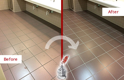 Sir Grout Seals the Grout on this Port Royal Office Restroom to Refresh Its Look Before and After Picture of Dirty Port Royal Office Restroom with Sealed Grout