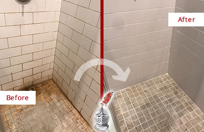 Before and After Picture of a Port Royal Shower Grout Sealed to Eliminate Mold