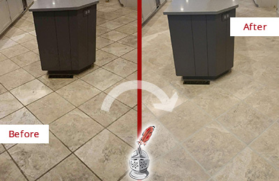 Sir Grout Seals this Stained Port Royal Kitchen Floor Grout to Remove Stains Before and After Picture of a Port Royal Kitchen Floor Grout Sealed to Remove Stains