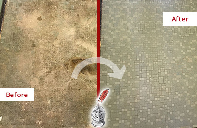 Sir Grout Cleans this Savannah Mosaic Shower Cleaned to Eliminate Embedded Dirt Before and After Picture of a Savannah Mosaic Shower Cleaned to Eliminate Embedded Dirt