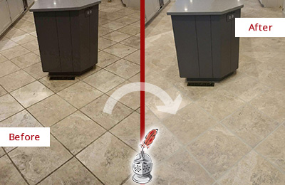 Before and After Picture of a Thunderbolt Kitchen Floor Cleaned to Remove Stains